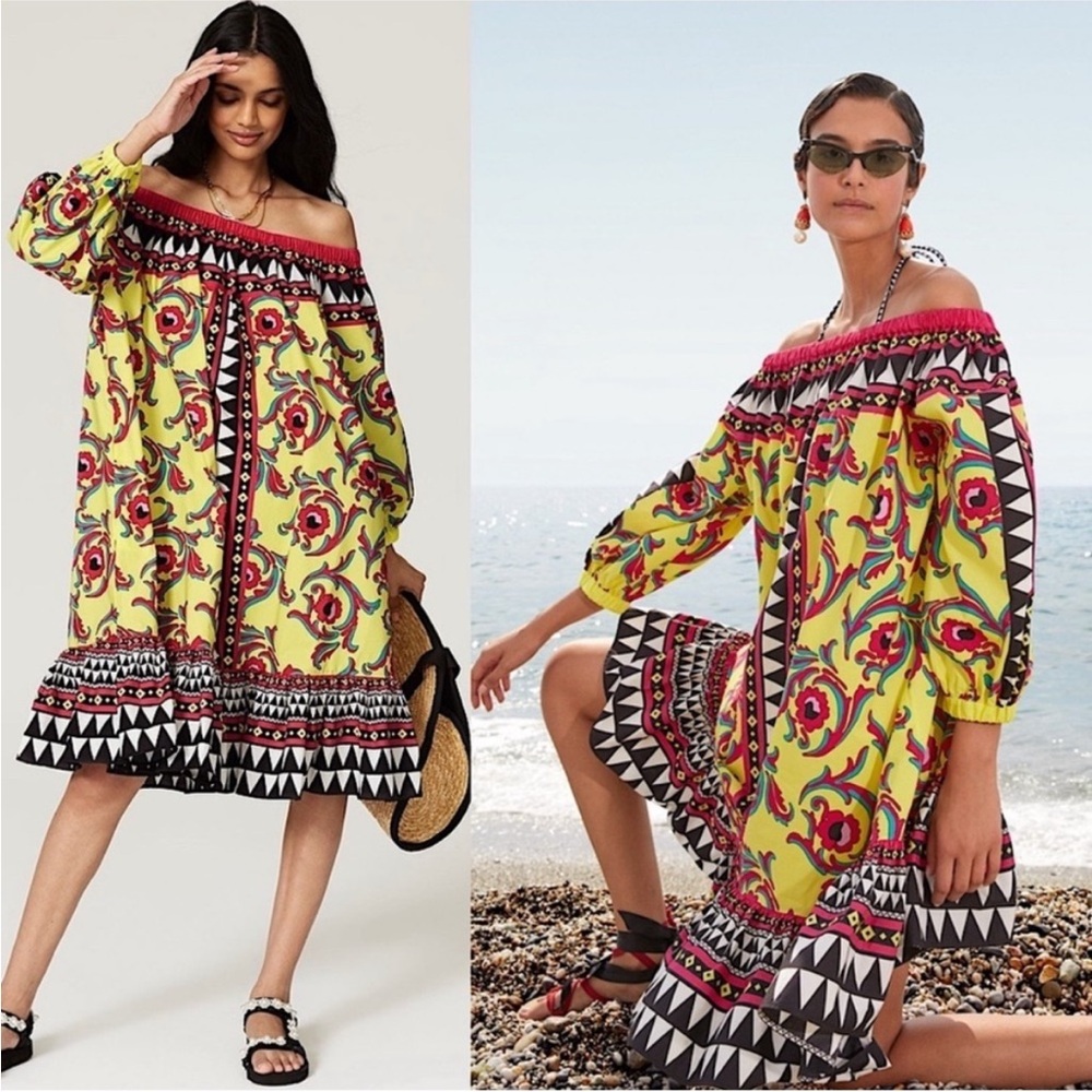 La DoubleJ Paloma 100% cotton trapeze dress in Cartwheel Giallo geometric print